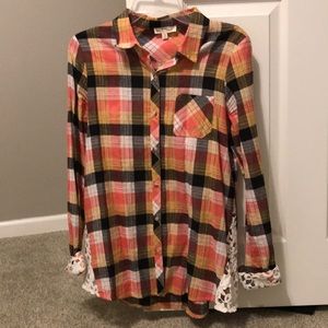 Plaid button down with lace detail